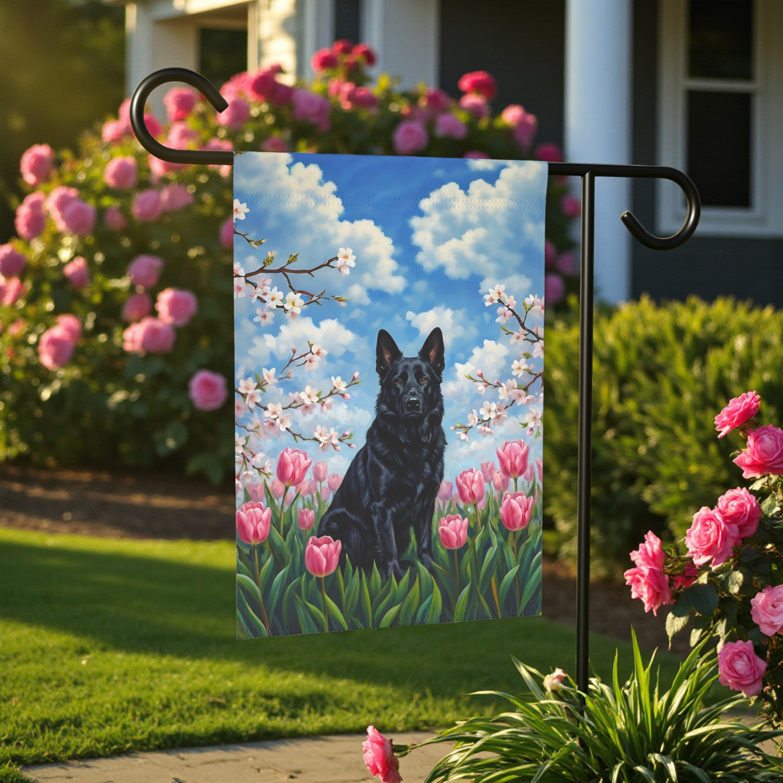 Pink Tulips and Black German Shepherd Spring Garden Flag - Image 5