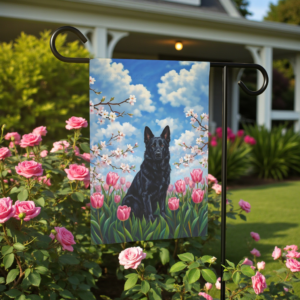 Pink Tulips and Black German Shepherd Spring Garden Flag