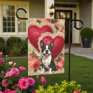 Two Heart Black and White Boston Terrier Valentines Garden Flag