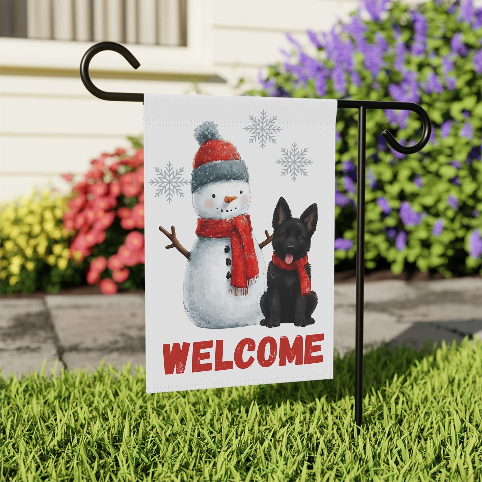 Black German Shepherd and Snowman Welcome Garden Flag - Image 12