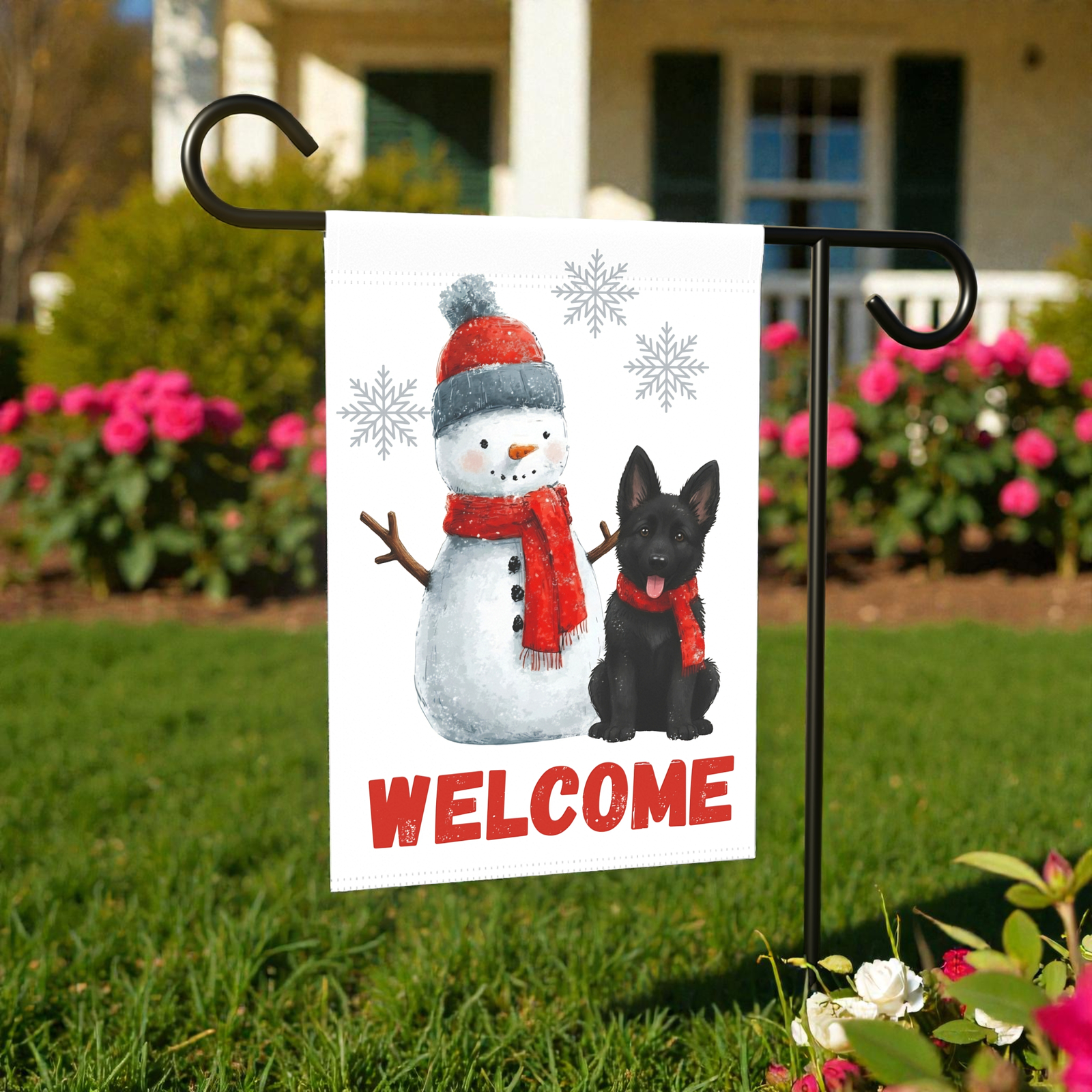 Black German Shepherd and Snowman Welcome Garden Flag - Image 6