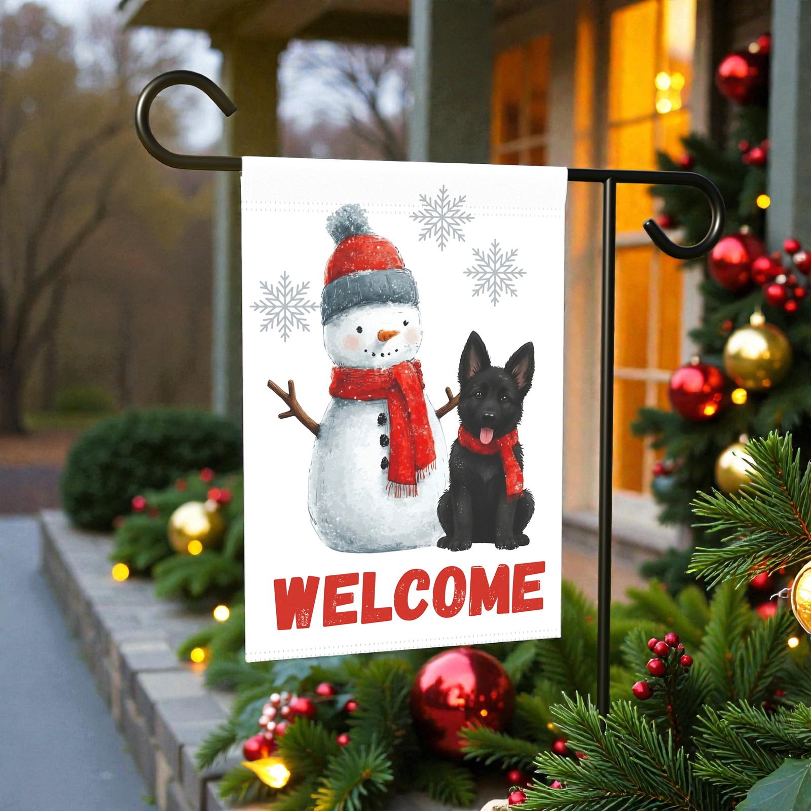Black German Shepherd and Snowman Welcome Garden Flag - Image 7