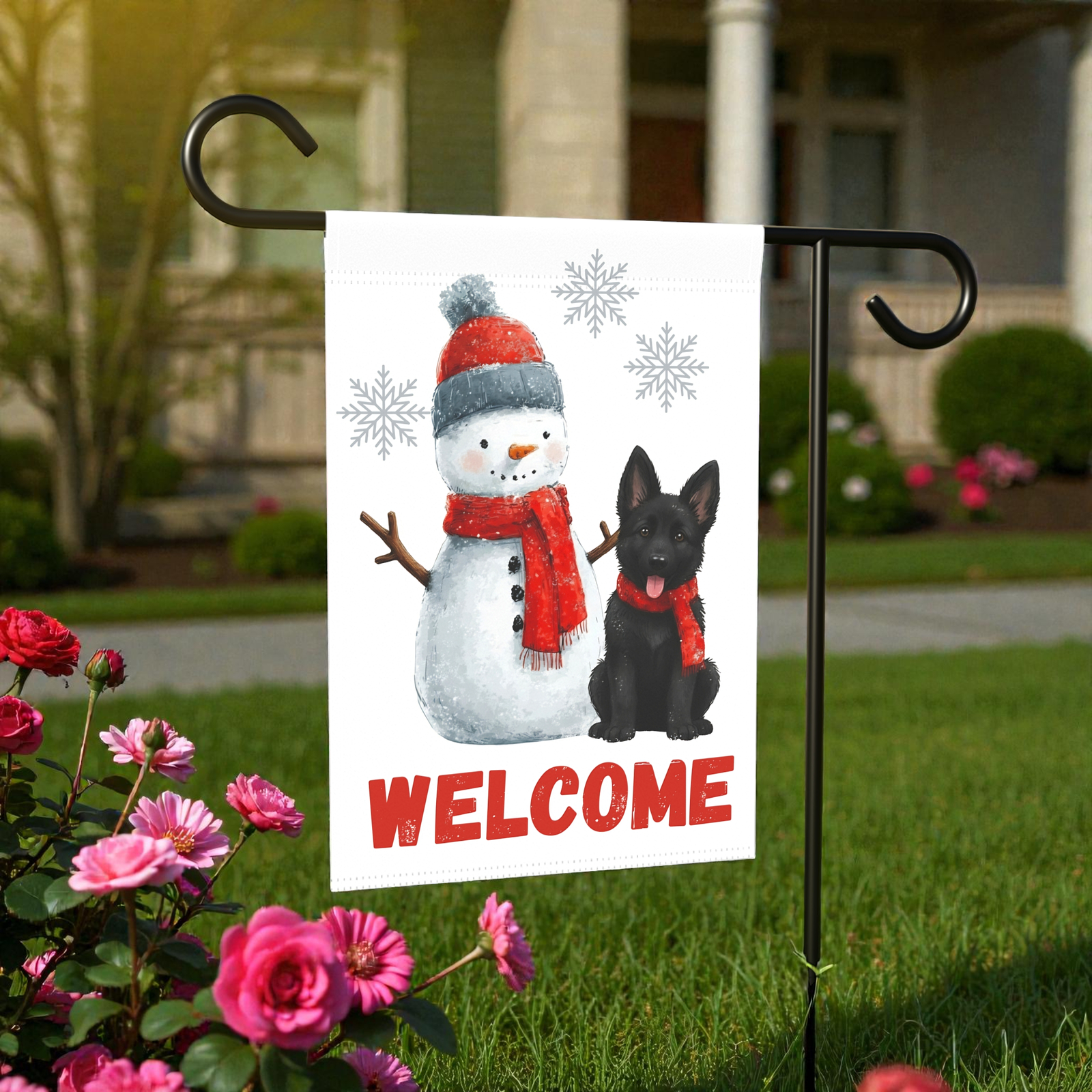 Black German Shepherd and Snowman Welcome Garden Flag - Image 8
