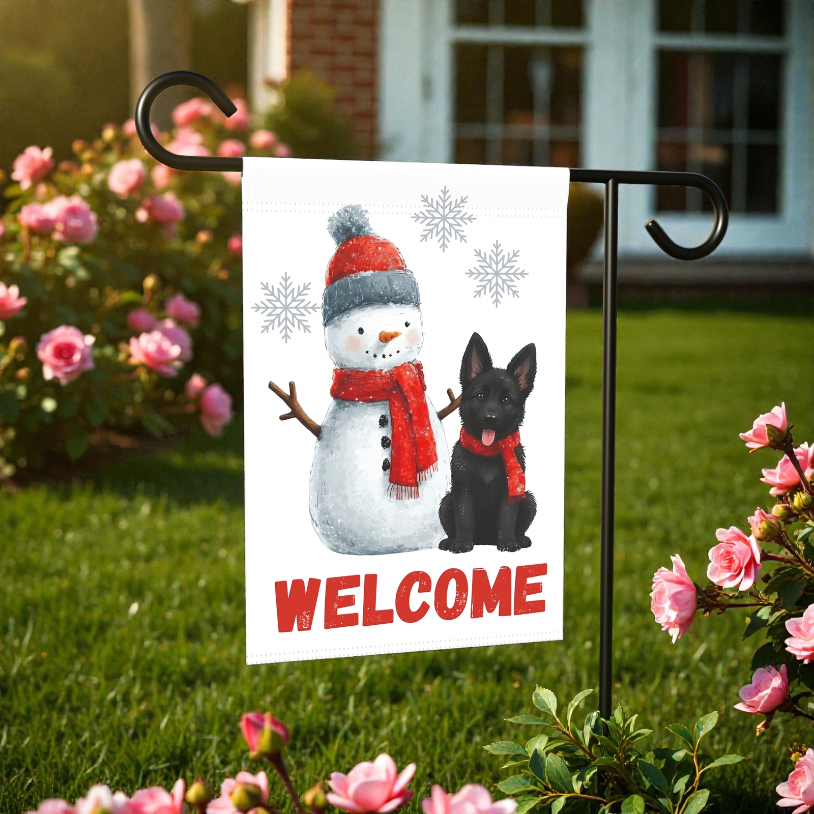 Black German Shepherd and Snowman Welcome Garden Flag - Image 10