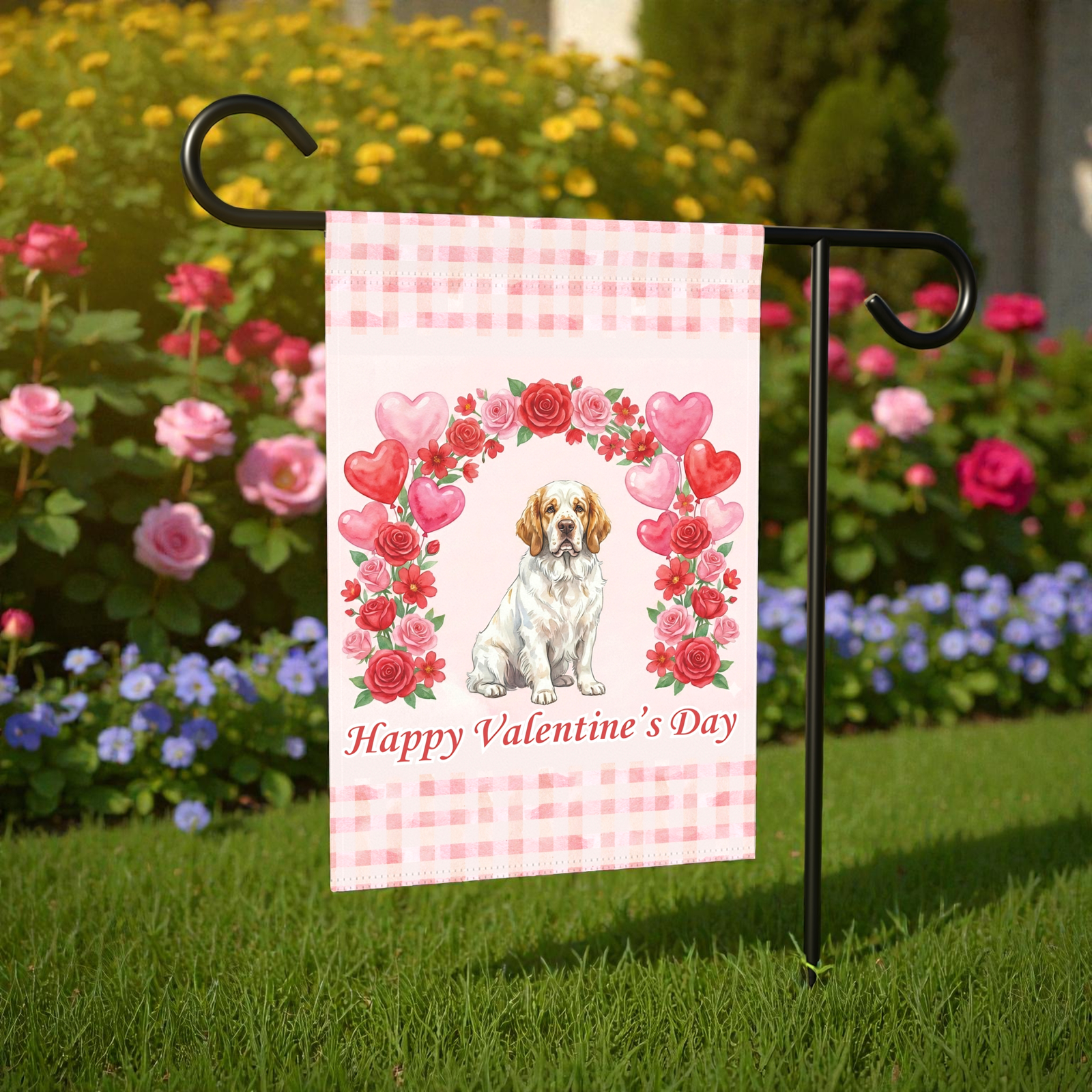 Arch Of Roses Clubber Spaniel Valentine's Day Dog Garden Flag - Image 5
