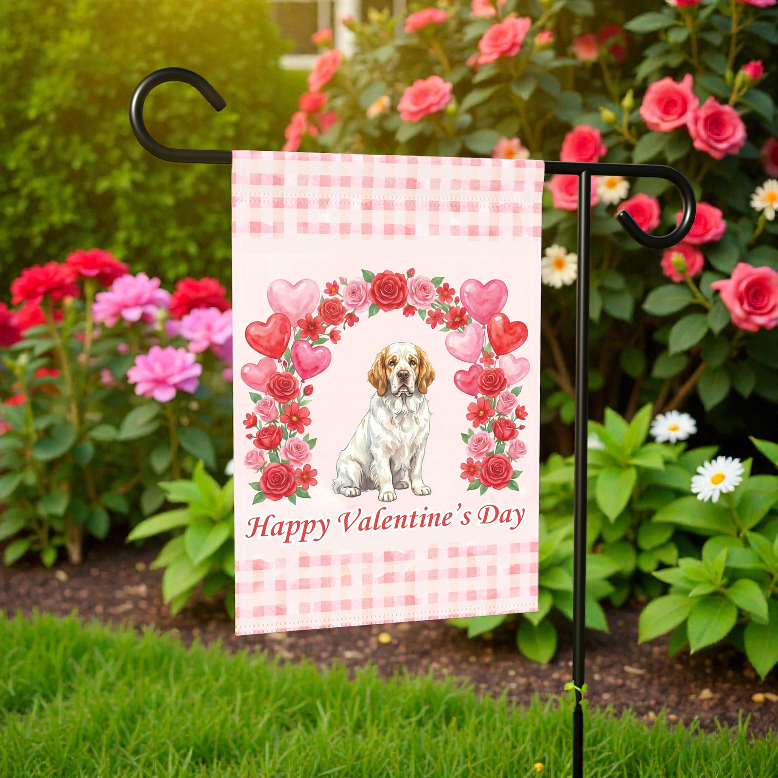 Arch Of Roses Clubber Spaniel Valentine's Day Dog Garden Flag - Image 6