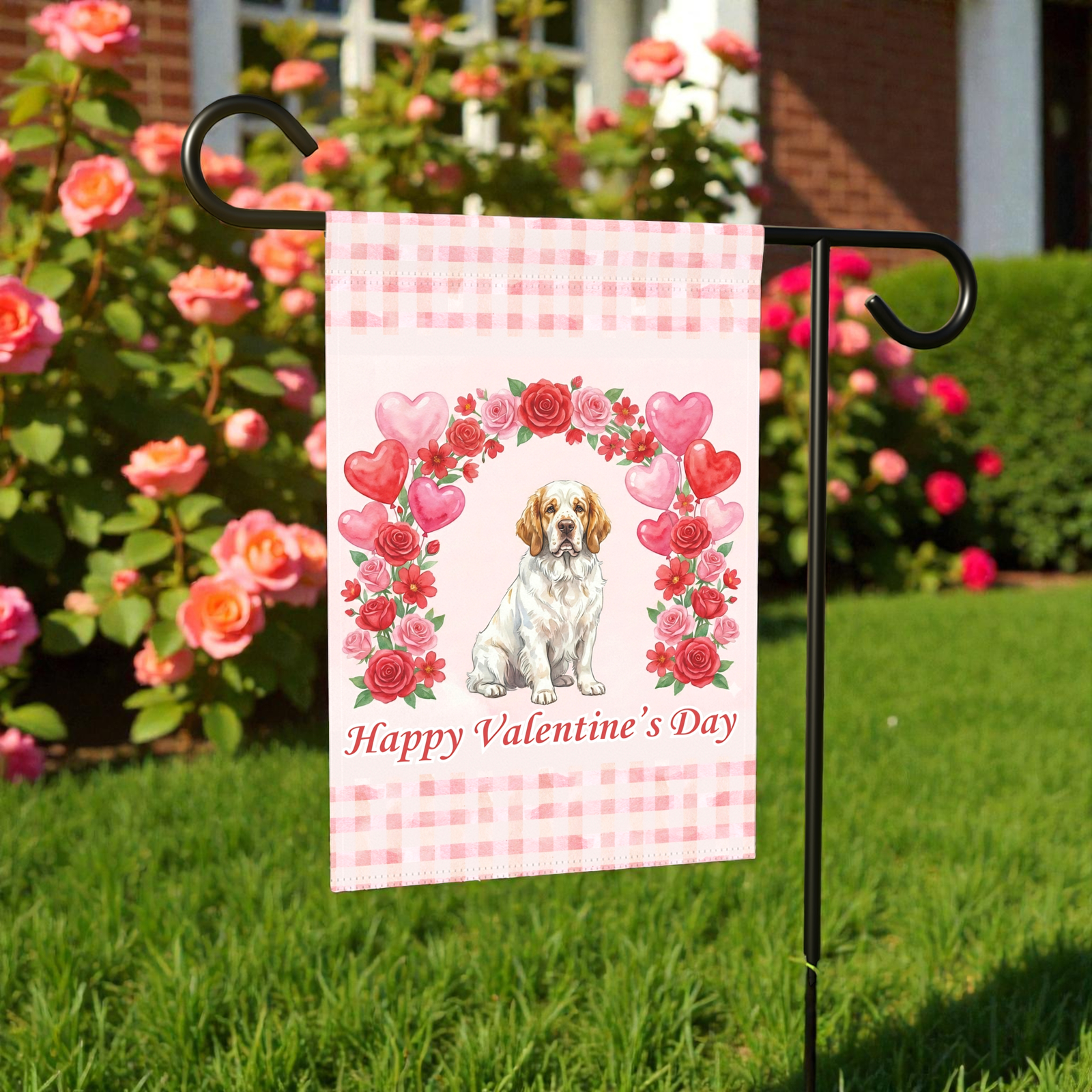 Arch Of Roses Clubber Spaniel Valentine's Day Dog Garden Flag - Image 7