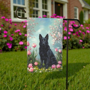 Black German Shepherd In the Tulips Spring Garden Flag