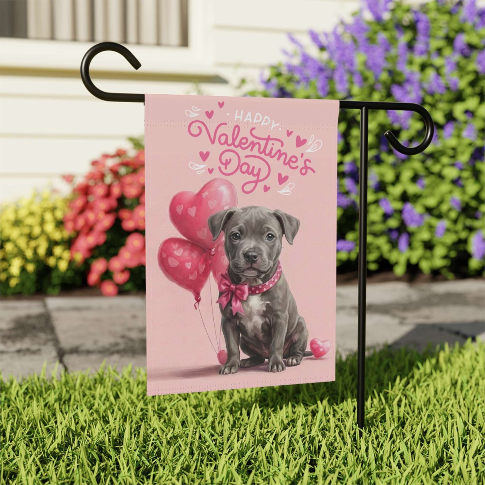 Gray Pitbull Terrier Puppy Happy Valentine's Day Garden Flag - Image 7