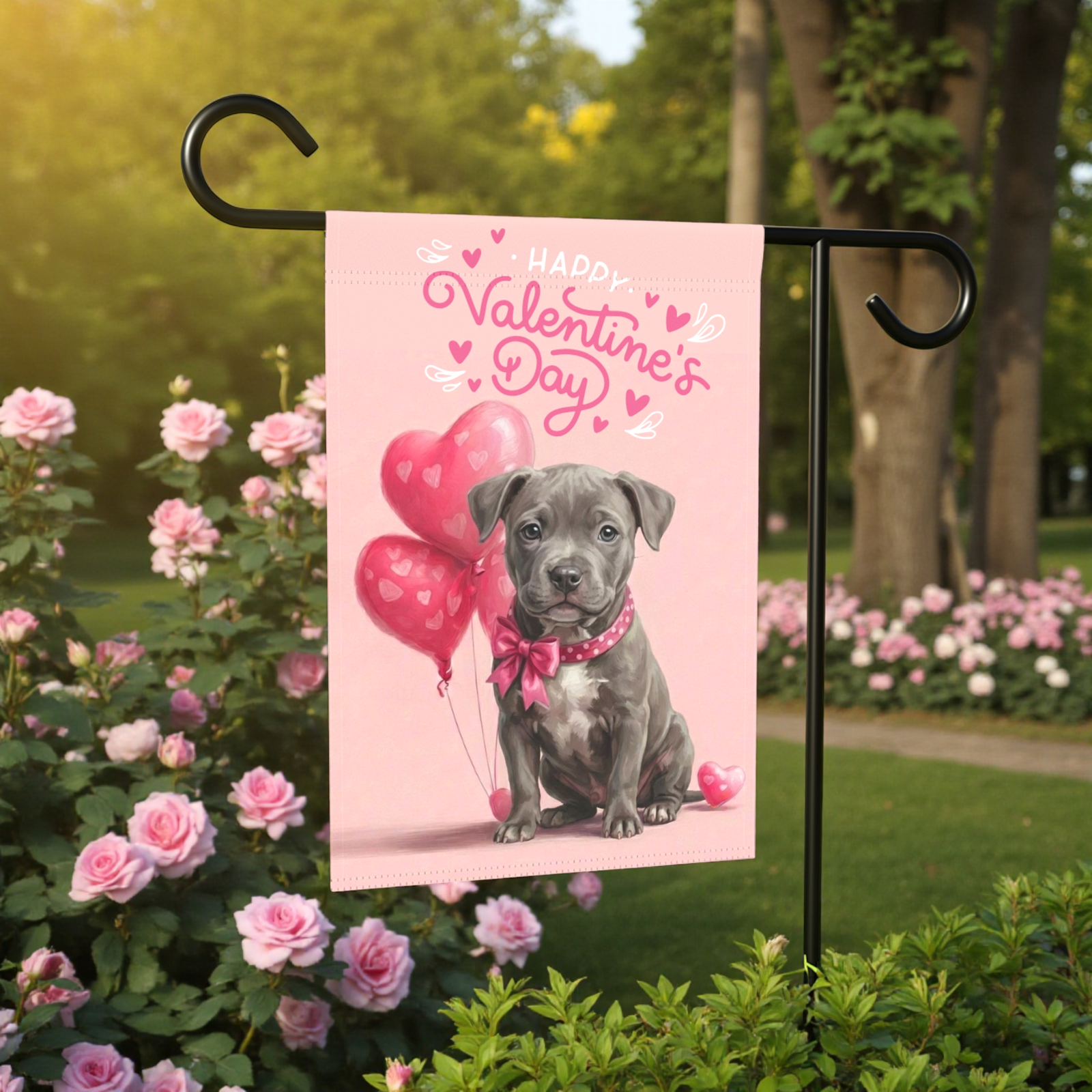 Gray Pitbull Terrier Puppy Happy Valentine's Day Garden Flag - Image 6