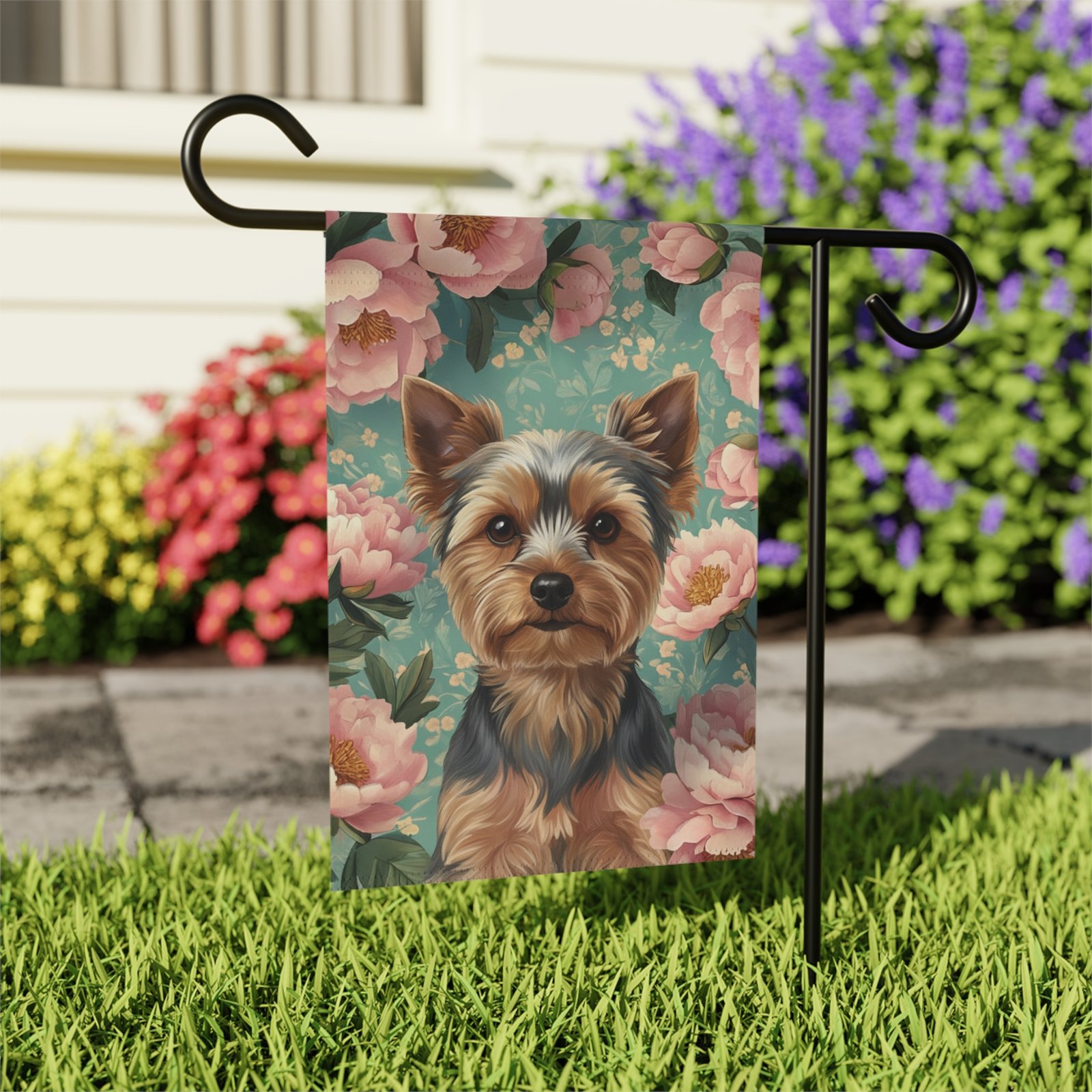 Pink Peony Yorkshire Terrier Garden Flag - Image 7