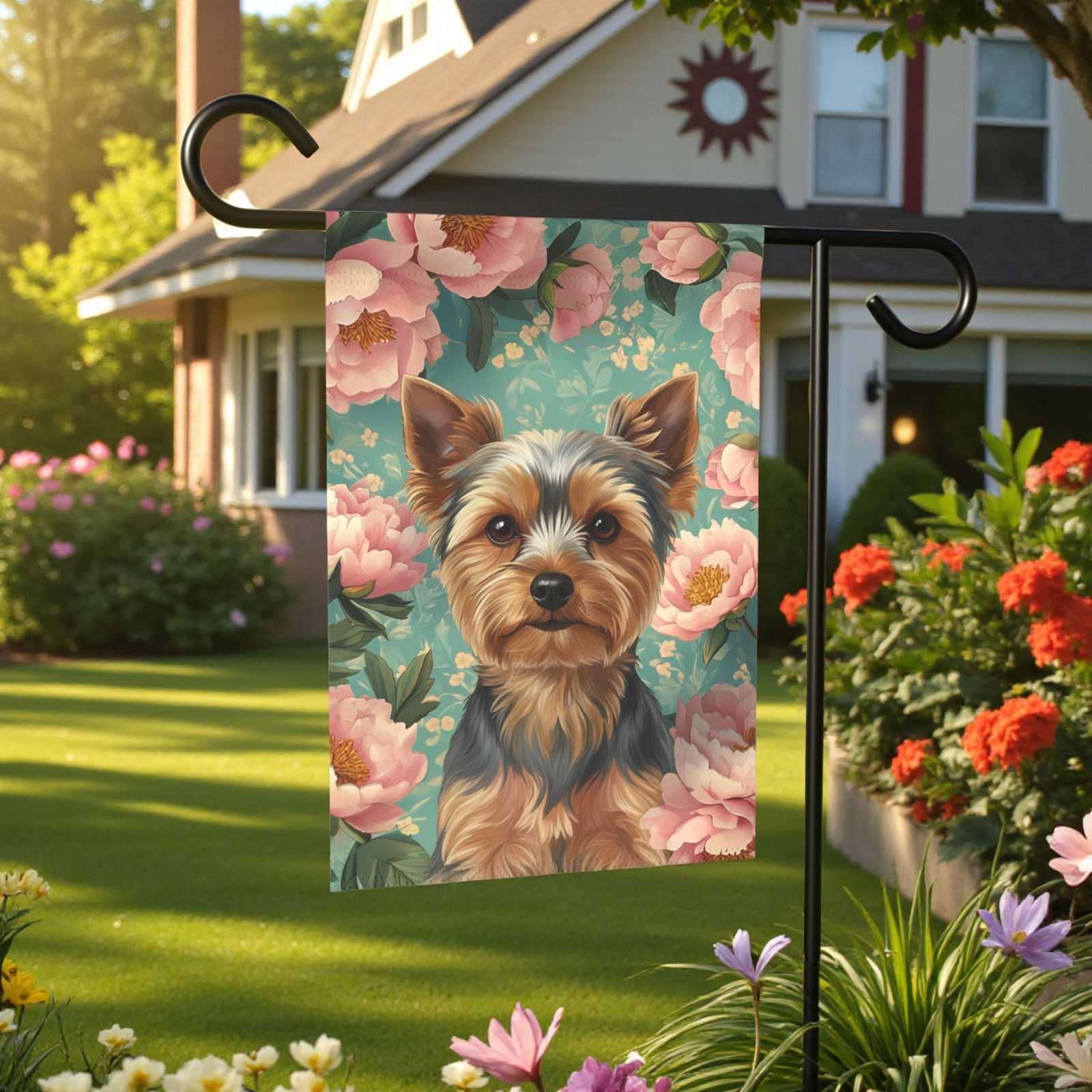 Pink Peony Yorkshire Terrier Garden Flag - Image 6
