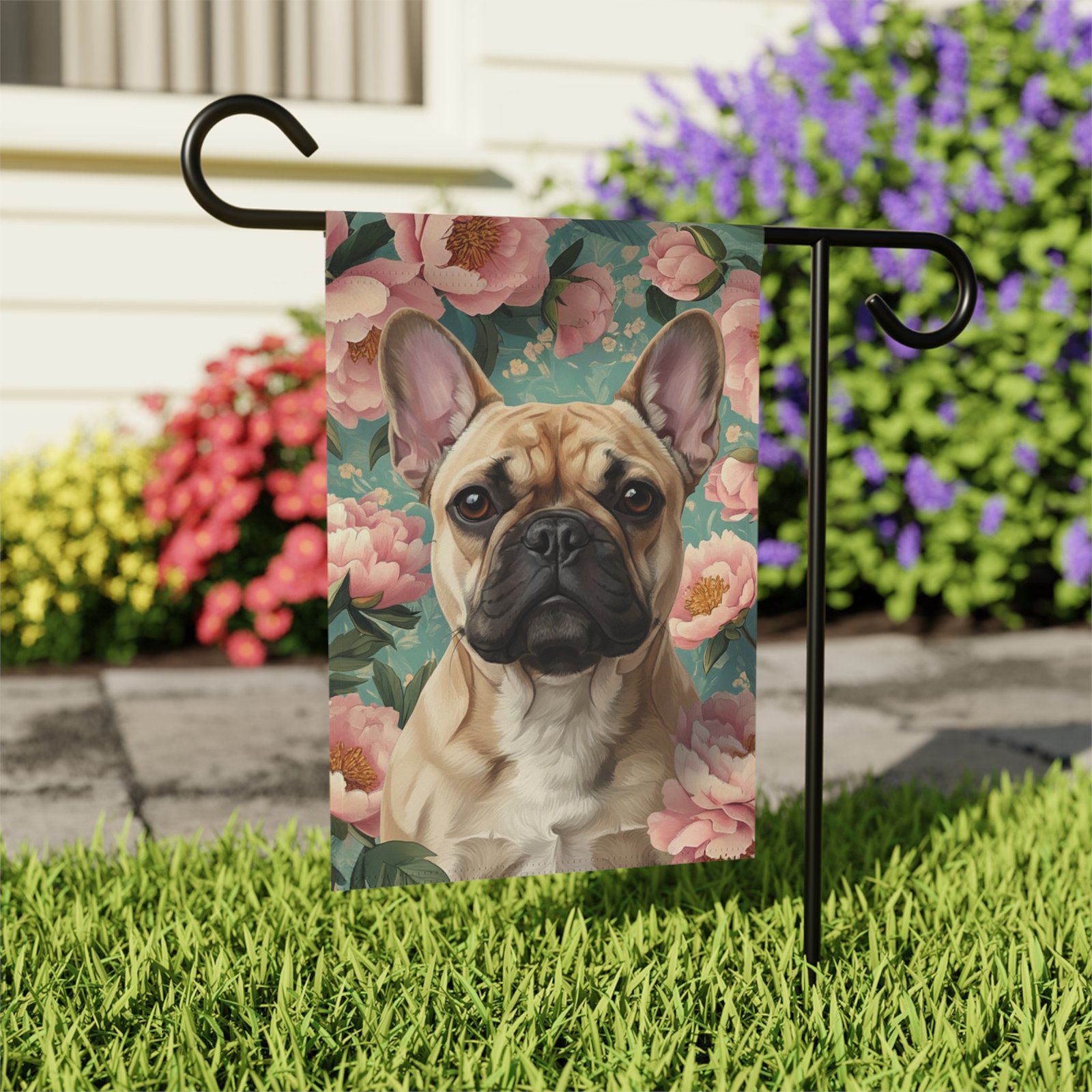 Pink Peony French Bulldog Garden Flag - Image 7