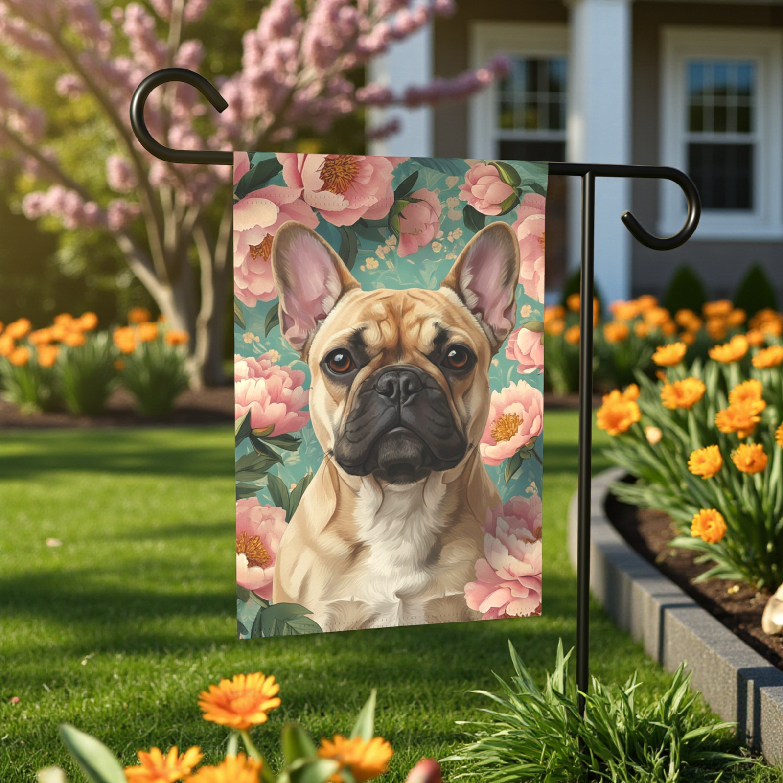 Pink Peony French Bulldog Garden Flag - Image 5