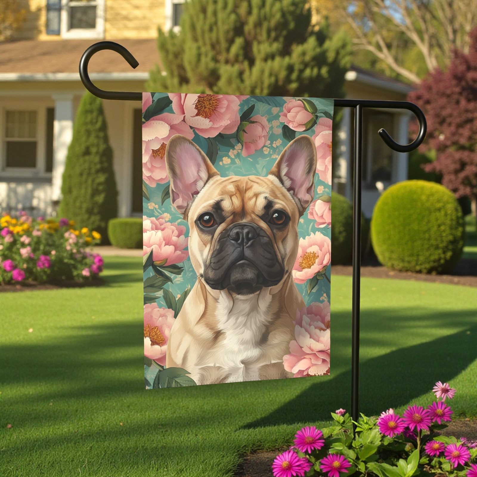 Pink Peony French Bulldog Garden Flag