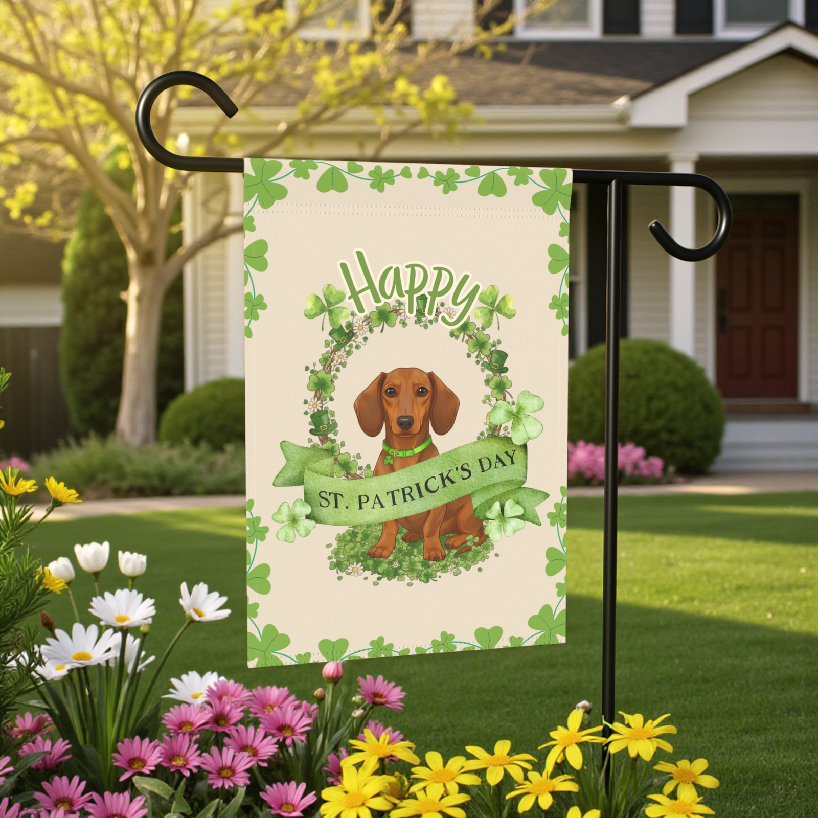 Happy St. Patrick's Day Dachshund Garden Flag