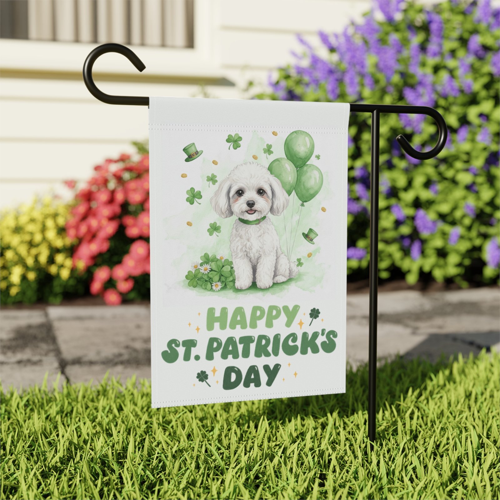 White Toy Poodle St. Patrick’s Day Garden Flag - Image 7