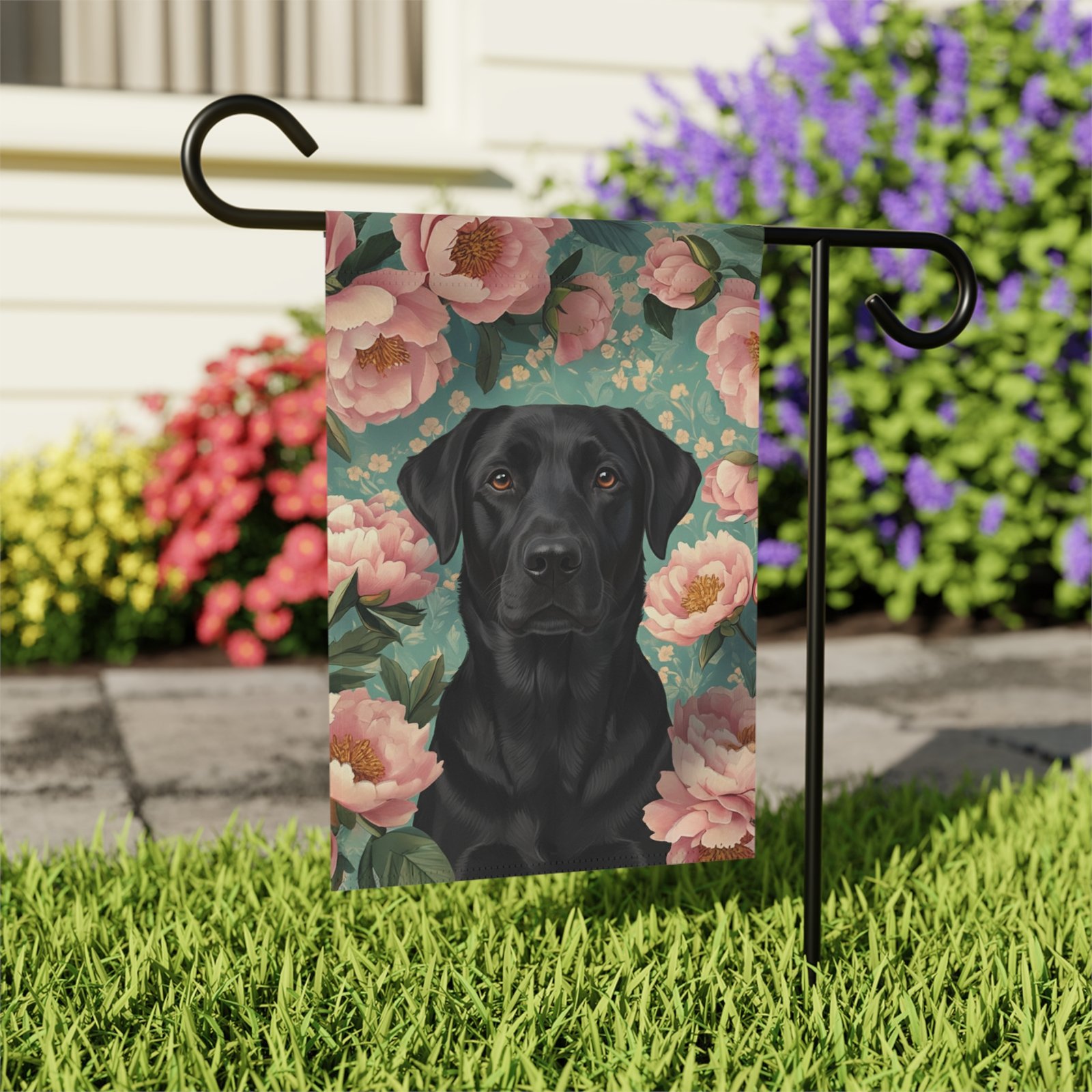 Pink Peony Black Labrador Retriever Garden Flag - Image 7