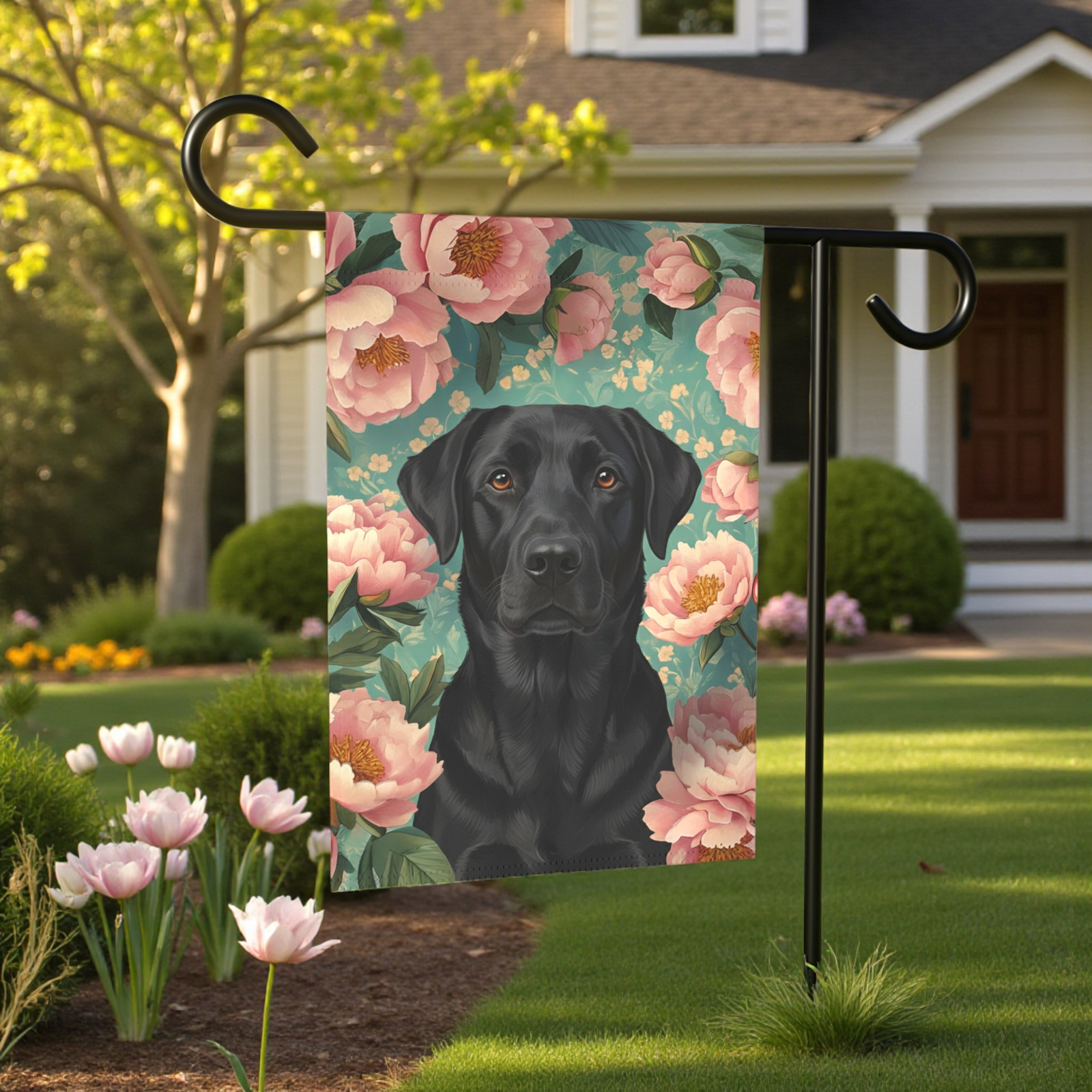 Pink Peony Black Labrador Retriever Garden Flag - Image 6