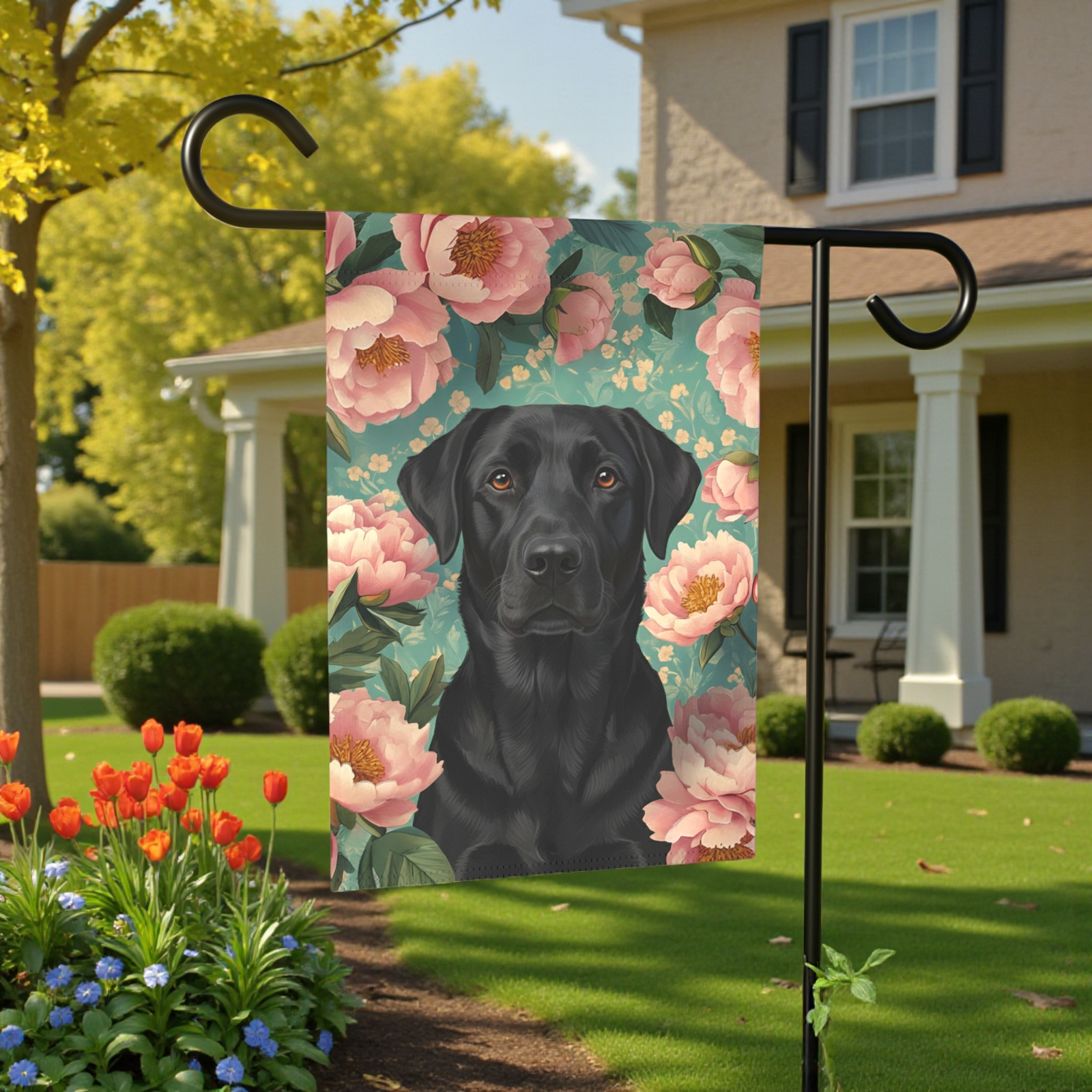 Pink Peony Black Labrador Retriever Garden Flag