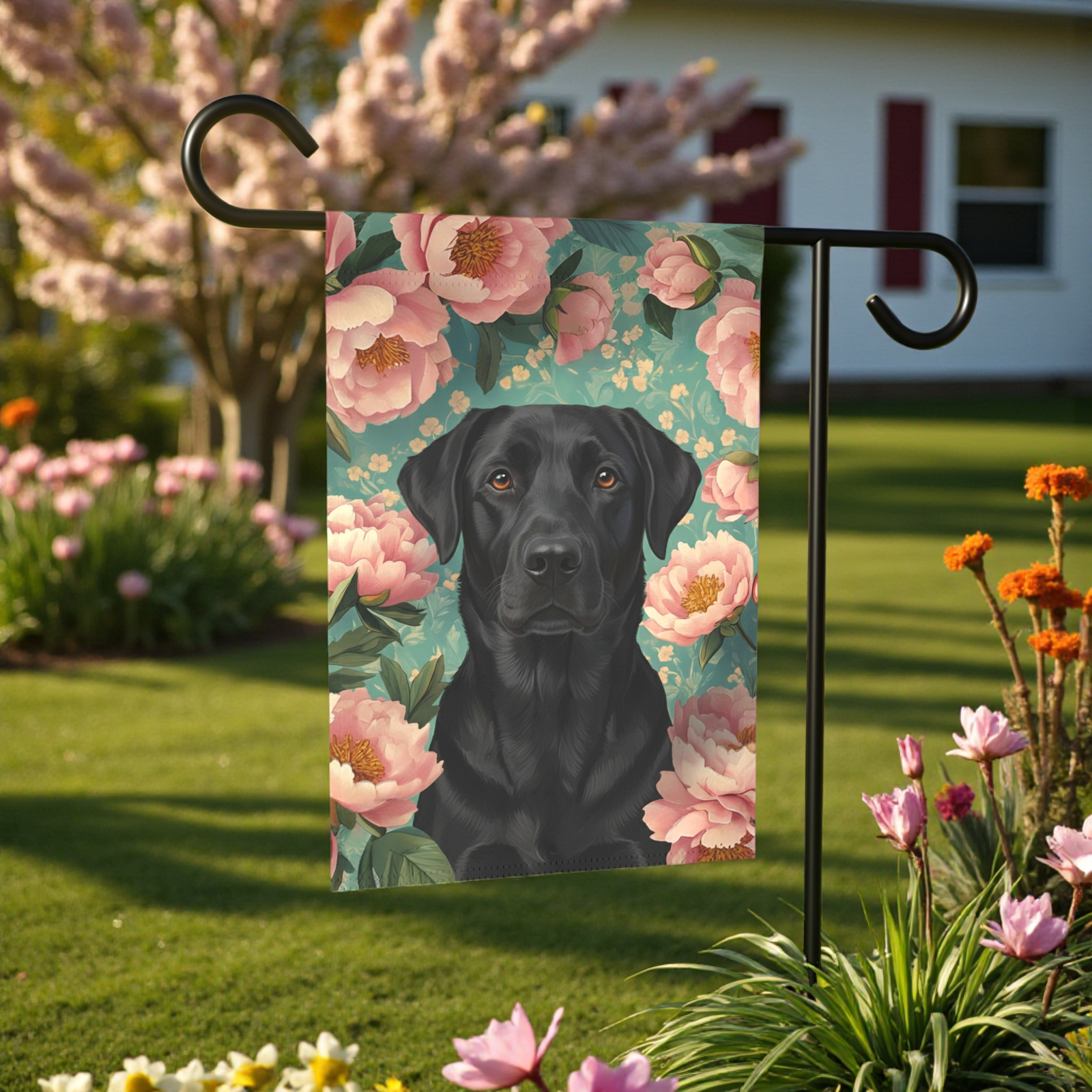 Pink Peony Black Labrador Retriever Garden Flag - Image 5