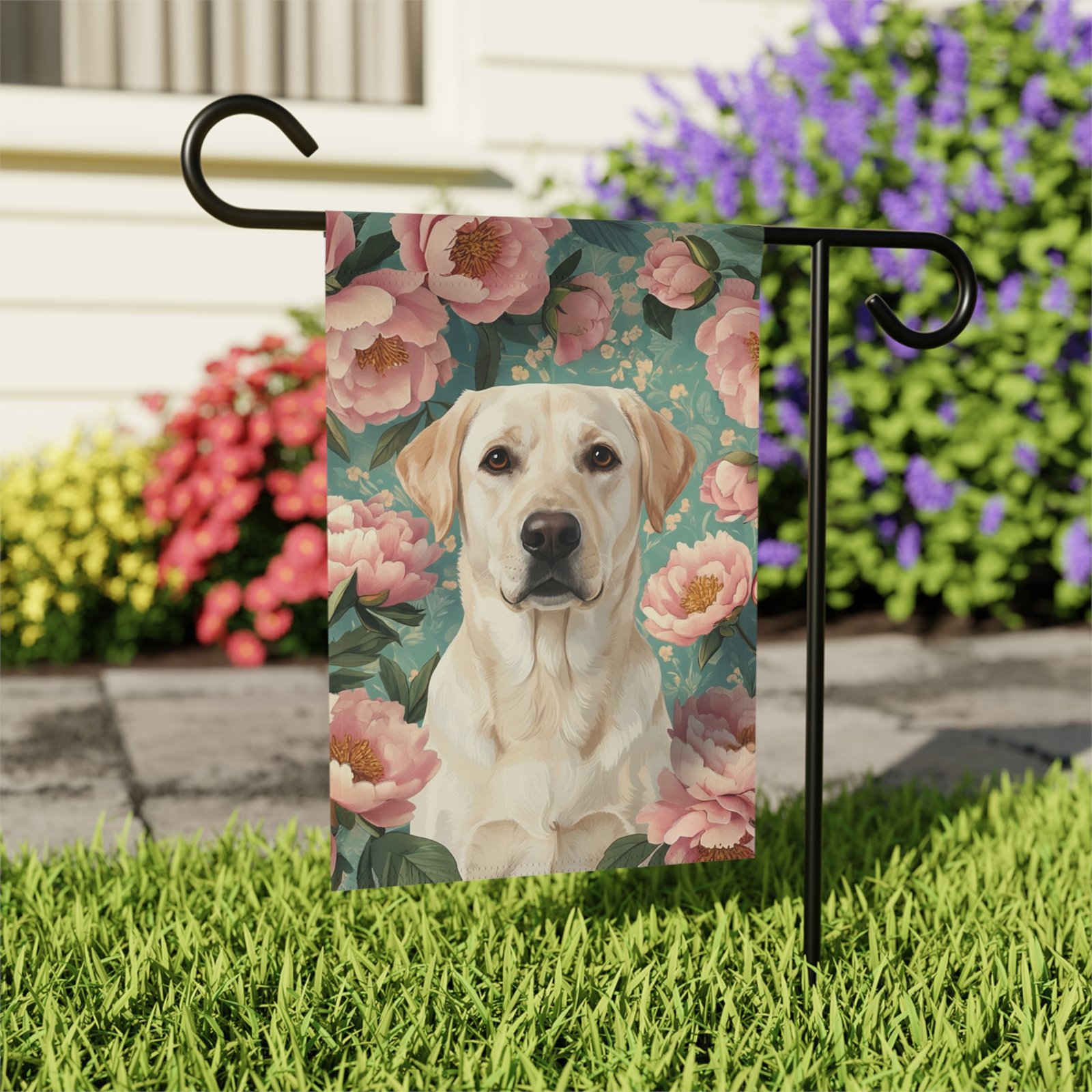 Pink Peony Yellow Labrador Retriever Garden Flag - Image 7