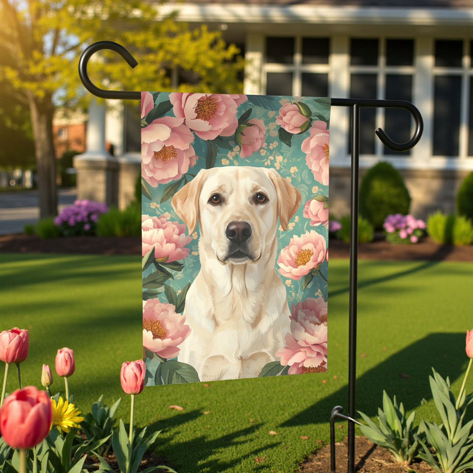 Pink Peony Yellow Labrador Retriever Garden Flag