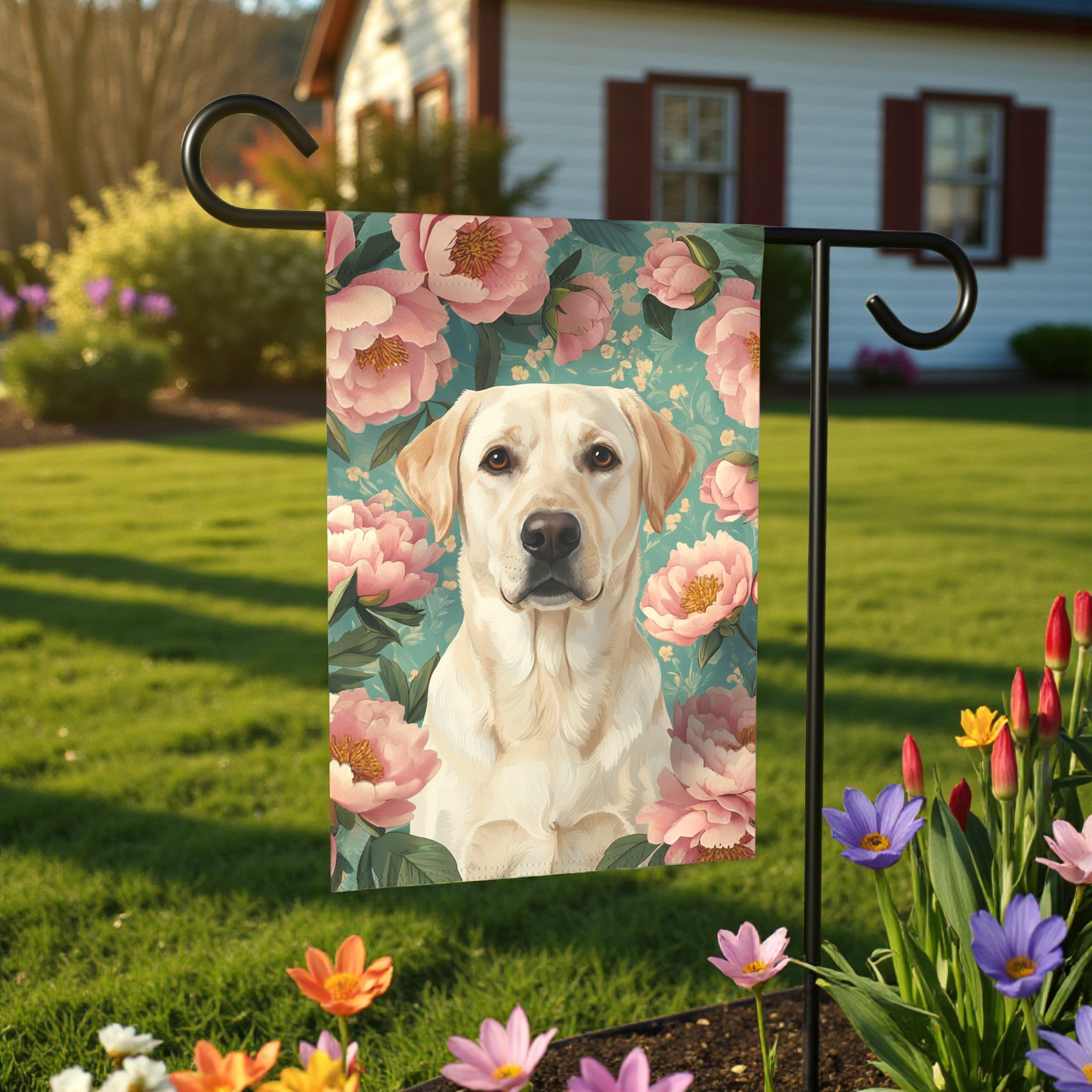 Pink Peony Yellow Labrador Retriever Garden Flag - Image 5