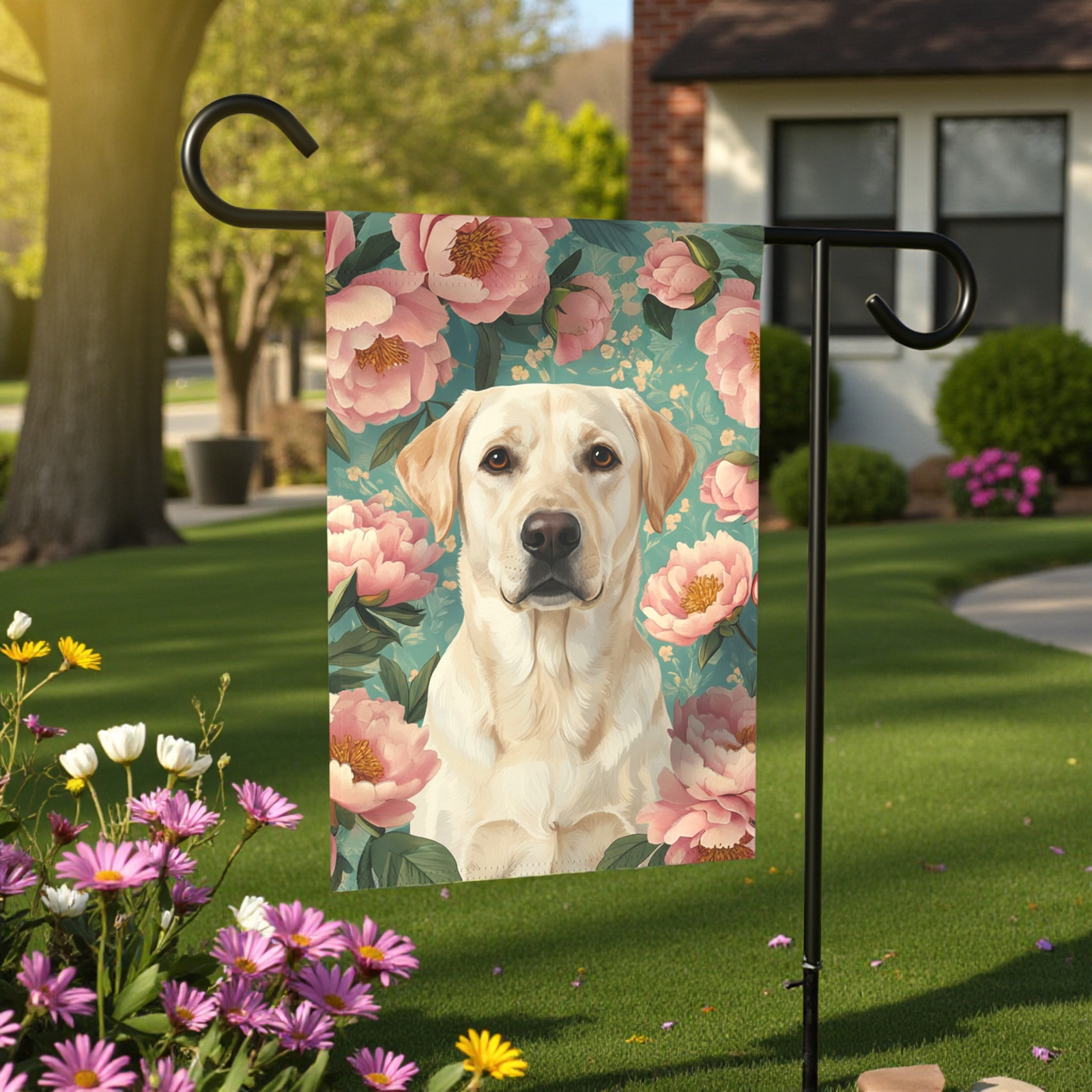 Pink Peony Yellow Labrador Retriever Garden Flag - Image 6
