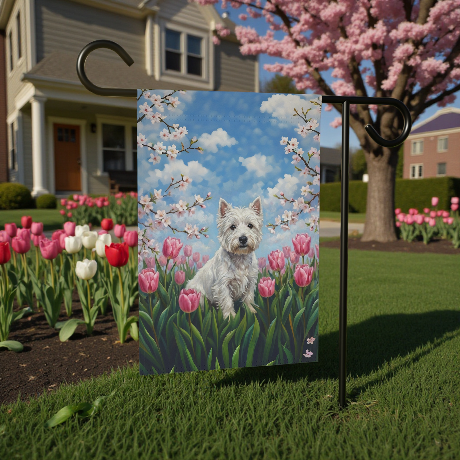 Pink Tulip Westie Garden Flag
