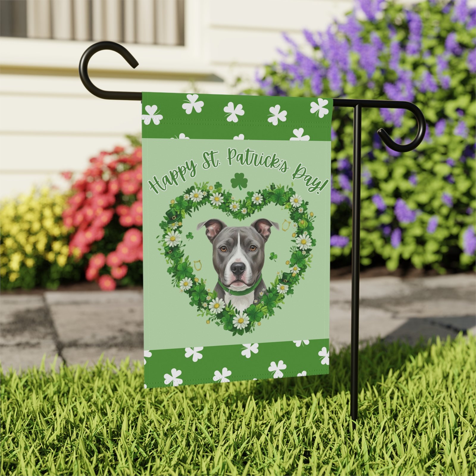 St. Patrick's Day Shamrock Gray Pitbull Terrier Garden Flag - Image 7