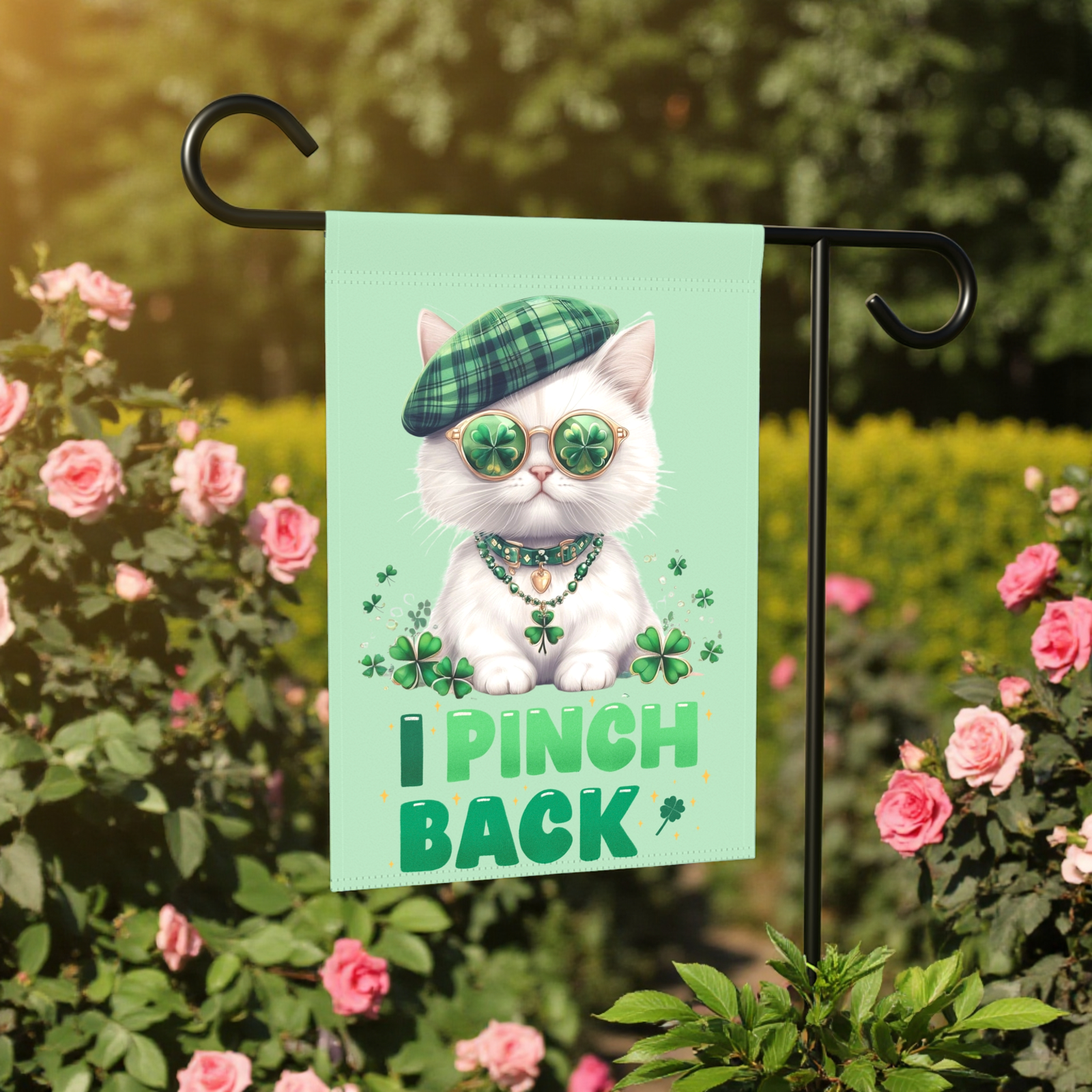 White Shamrock Kitten Garden Flag - Image 6