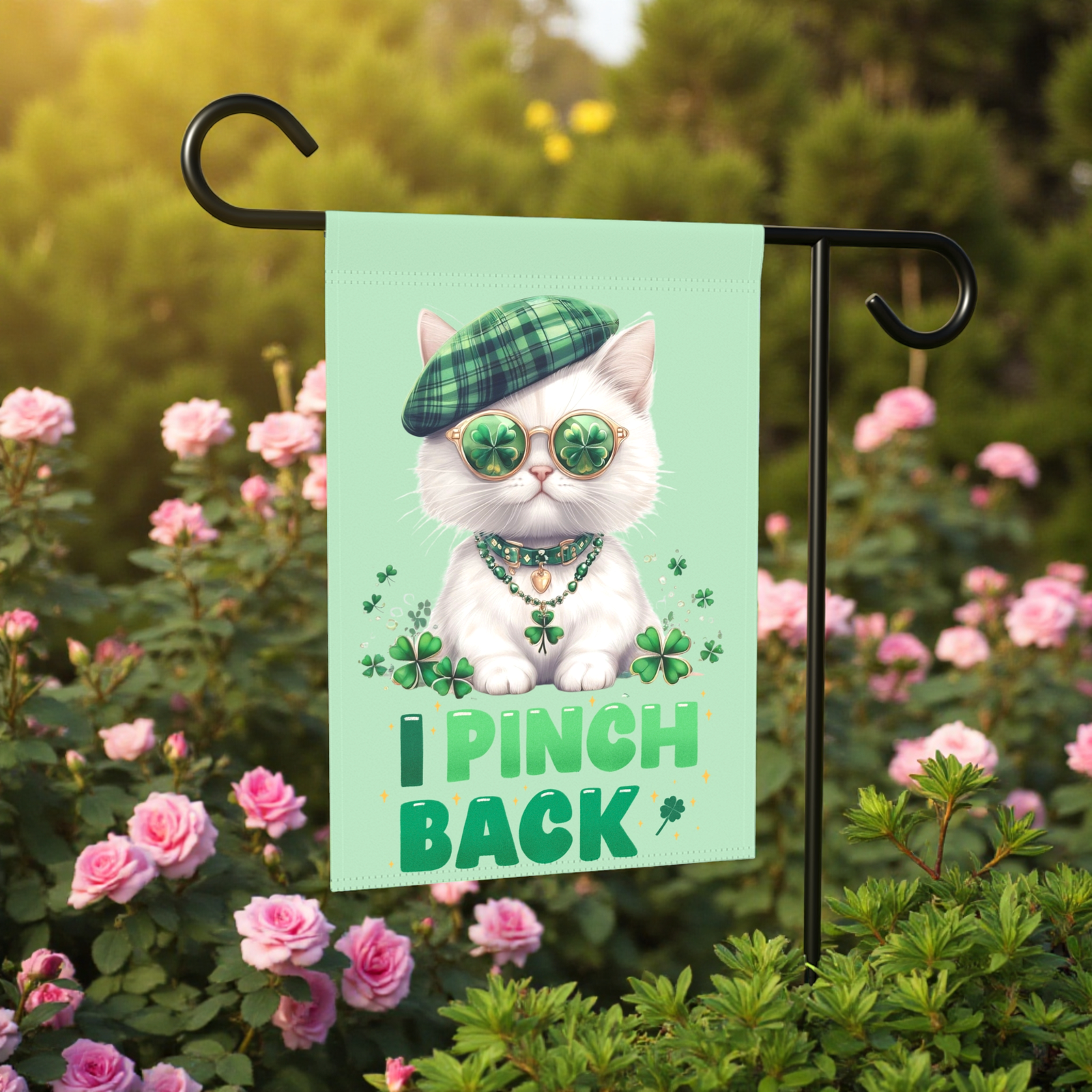 White Shamrock Kitten Garden Flag - Image 5